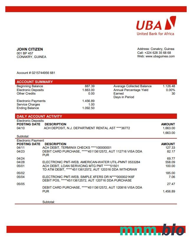 Szablon wyciągu bankowego Guinea UBA w formacie Excel i PDF
